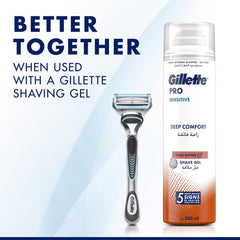 Gillette razor next to Pro Sensitive shave gel can promoting use with Gillette Skinguard Sensitive blade refills.