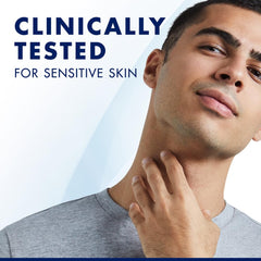 Man touching smooth neck with clinically tested for sensitive skin text and Gillette Skinguard Sensitive blade refills