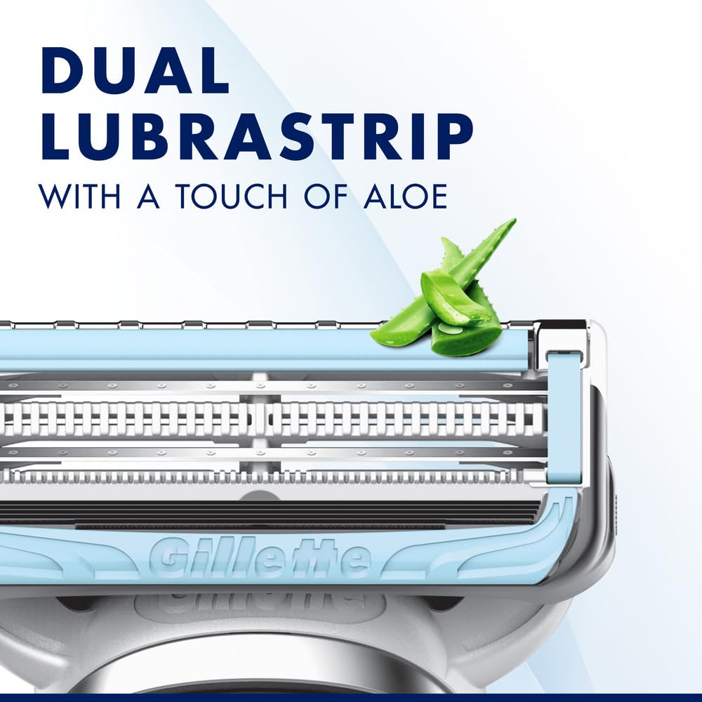 Close up of Gillette razor cartridge with aloe and dual lubrastrip Gillette Skinguard Sensitive blade refills