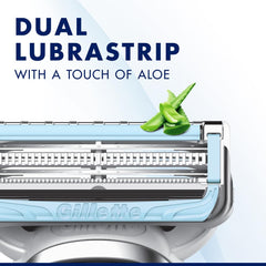 Close up of Gillette razor cartridge with aloe and dual lubrastrip Gillette Skinguard Sensitive blade refills