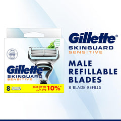 Gillette Skinguard Sensitive blade refills. Box shows 8 male refillable blades packaging with razor image