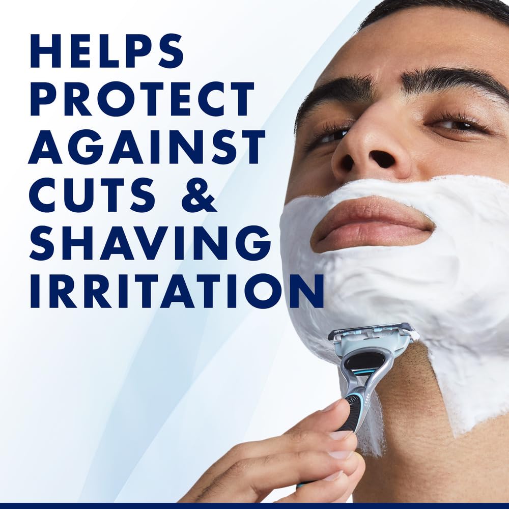 Man shaving with foam using Gillette Skinguard Sensitive blade refills razor protecting from cuts and shaving irritation