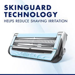 Close up of Gillette Skinguard Sensitive blade refills cartridge with blue skin guard to reduce irritation