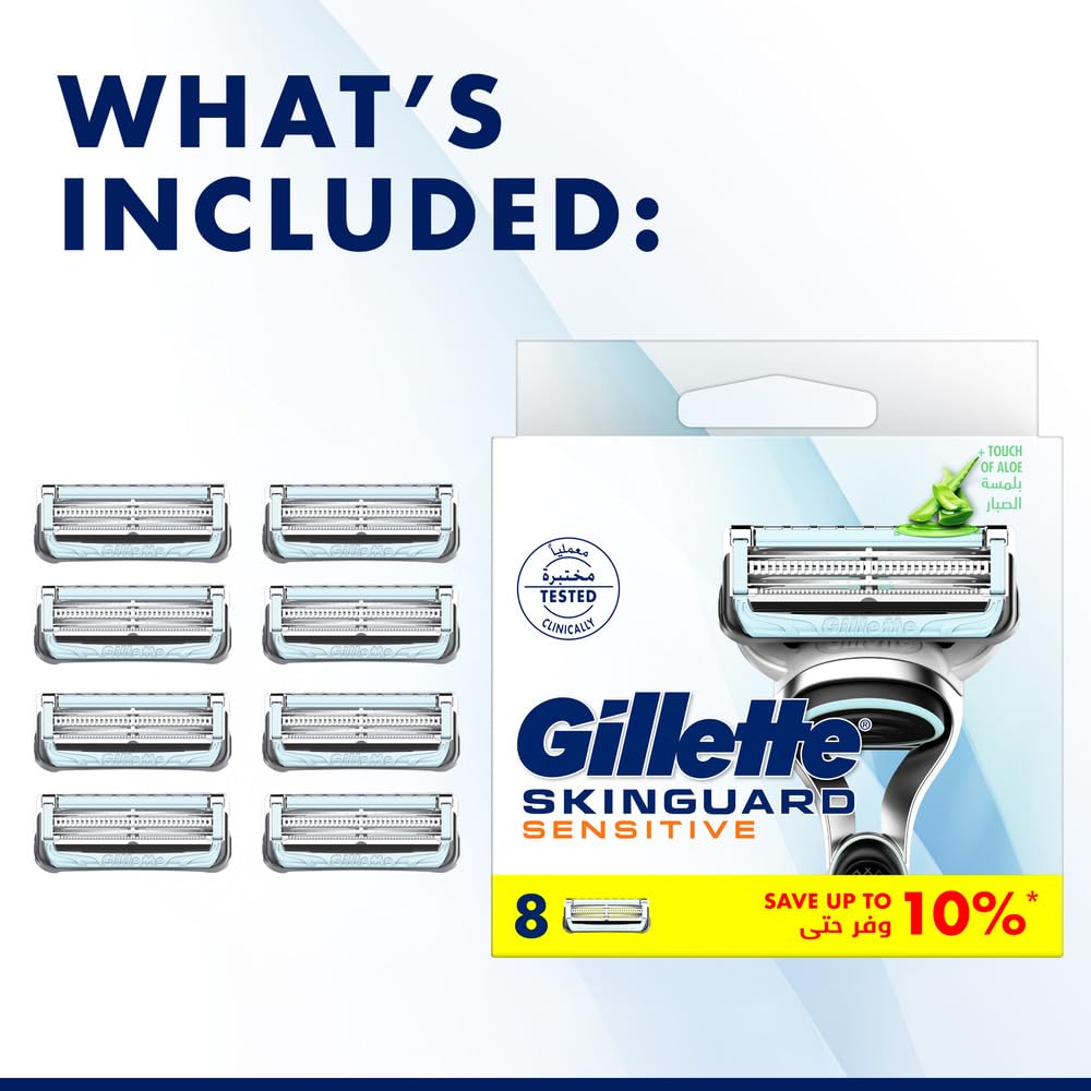 Box and eight replacement cartridges for Gillette Skinguard Sensitive blade refills. Packaging and blades shown