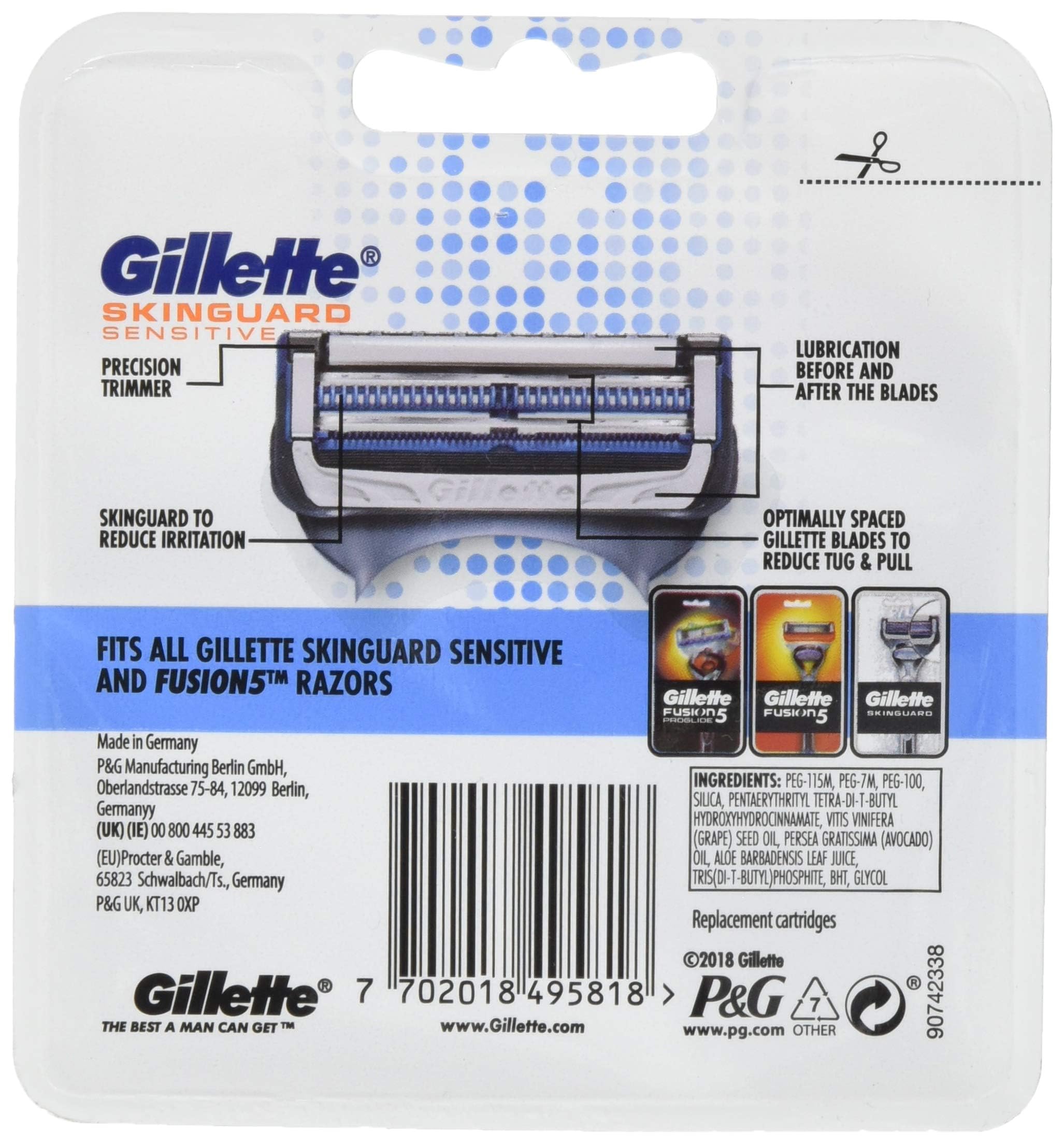 Pack of Gillette SkinGuard Sensitive razor blades packaging showing cartridge diagram and fit info