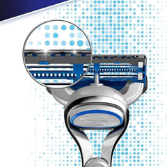 Close up of Gillette SkinGuard Sensitive razor blades head with magnified blades blue strip and silver handle