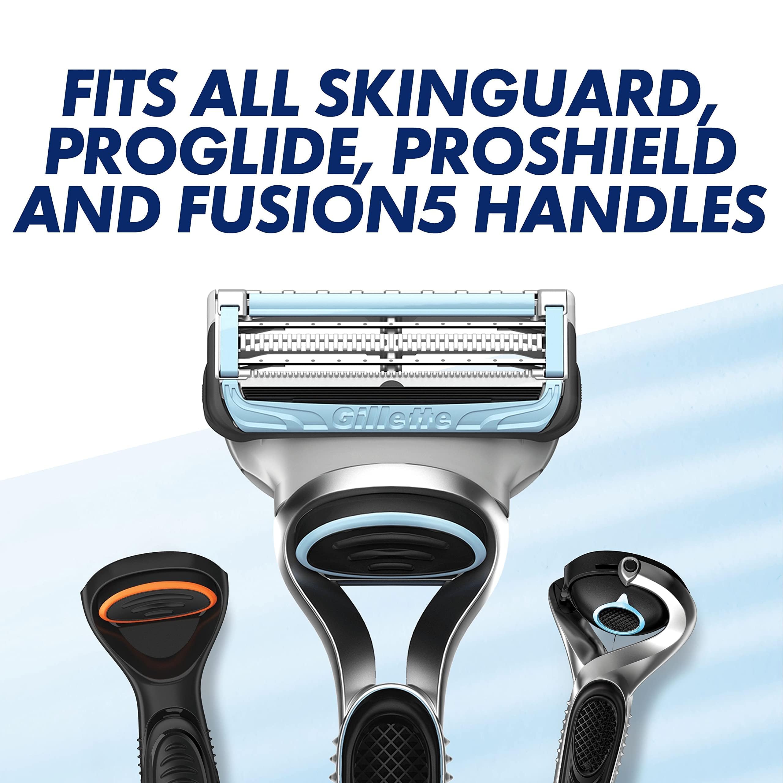 Gillette SkinGuard Sensitive razor blades cartridge displayed with three compatible handles