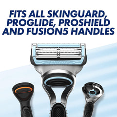 Gillette SkinGuard Sensitive razor blades cartridge displayed with three compatible handles