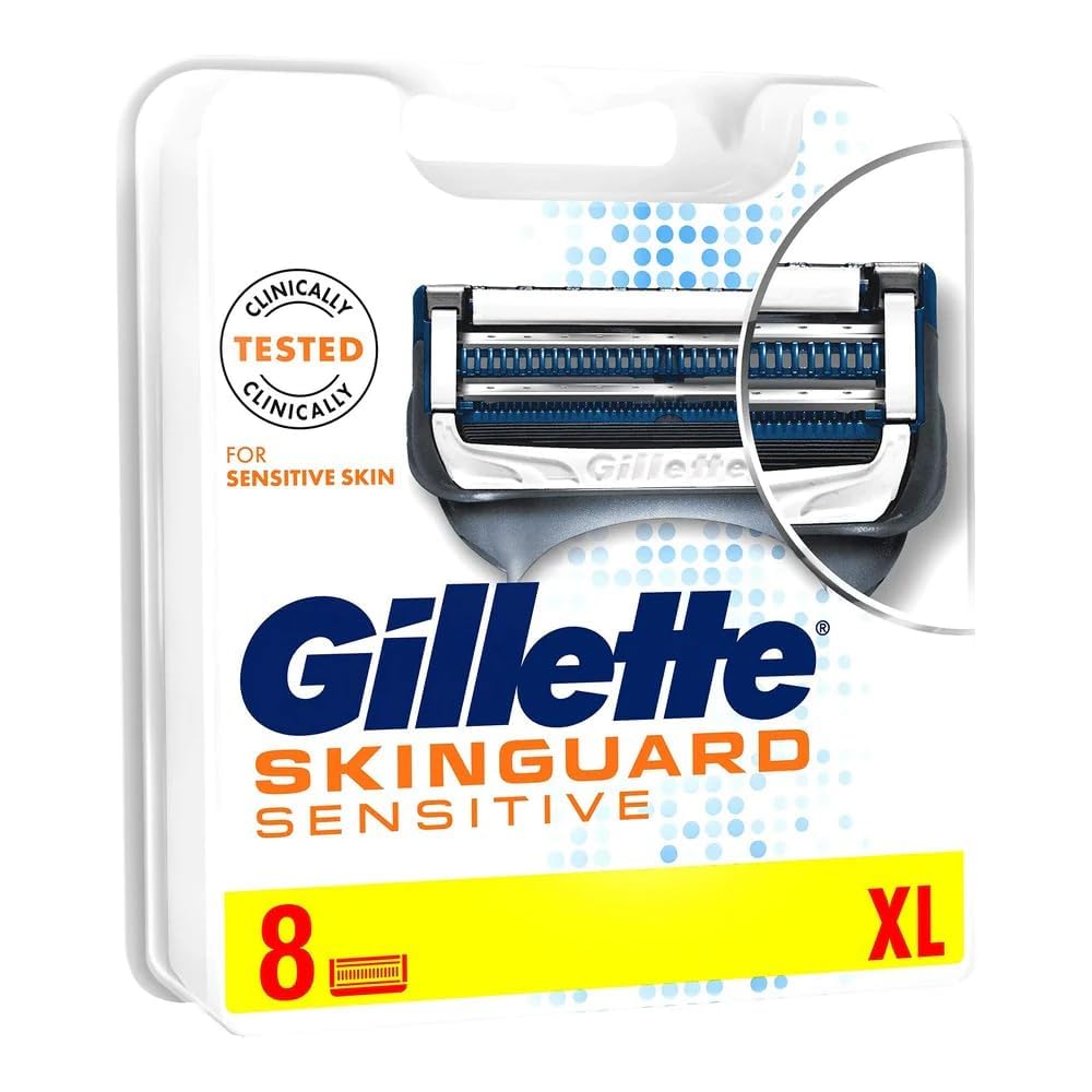 Gillette SkinGuard Sensitive razor blades 8 pack XL packaging showing close up of blade and sensitive skin claim