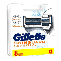 Gillette SkinGuard Sensitive razor blades 8 pack XL packaging showing close up of blade and sensitive skin claim
