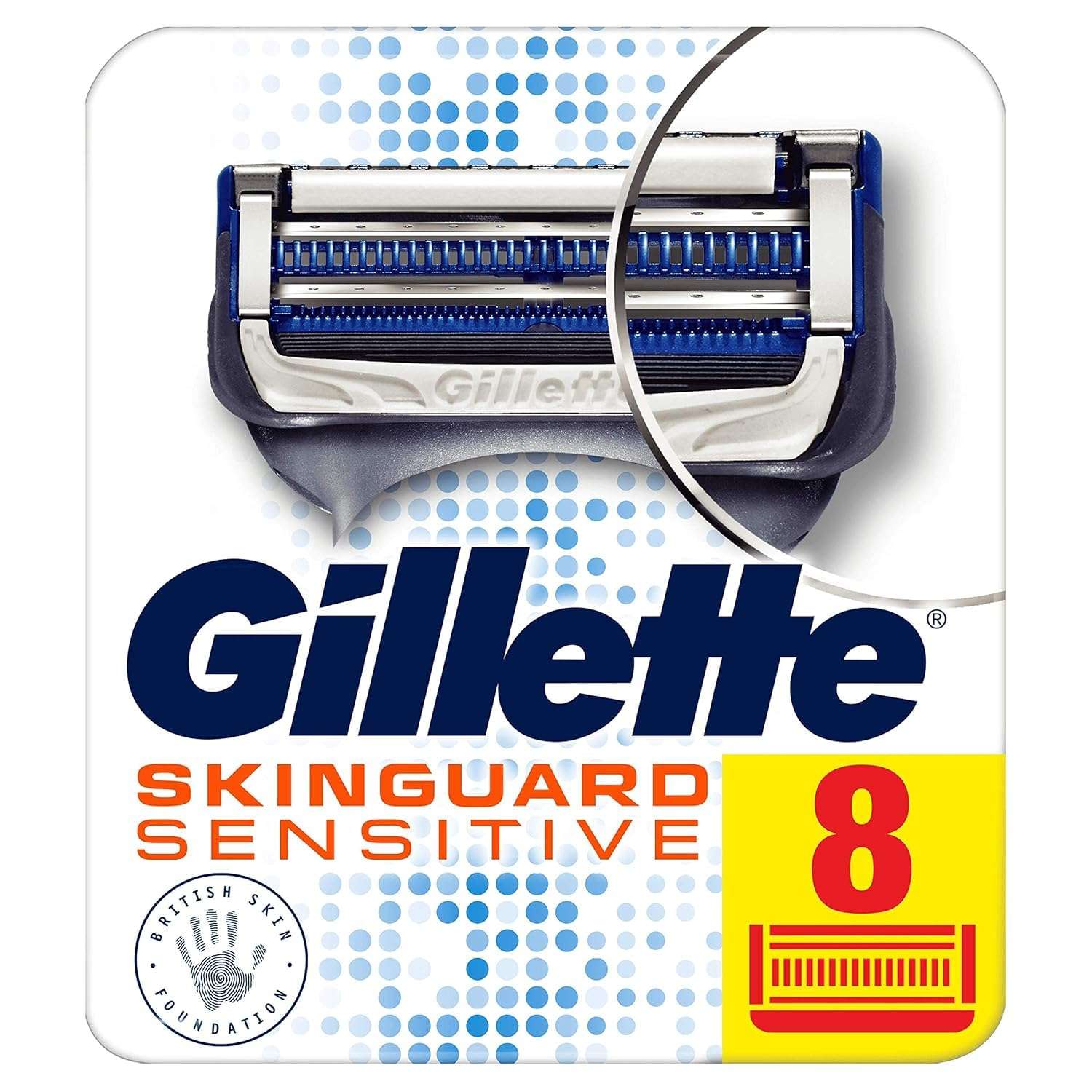 Package of 8 Gillette SkinGuard Sensitive razor blades showing blue cartridge guard designed for sensitive skin shaving