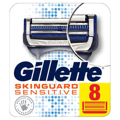 Package of 8 Gillette SkinGuard Sensitive razor blades showing blue cartridge guard designed for sensitive skin shaving