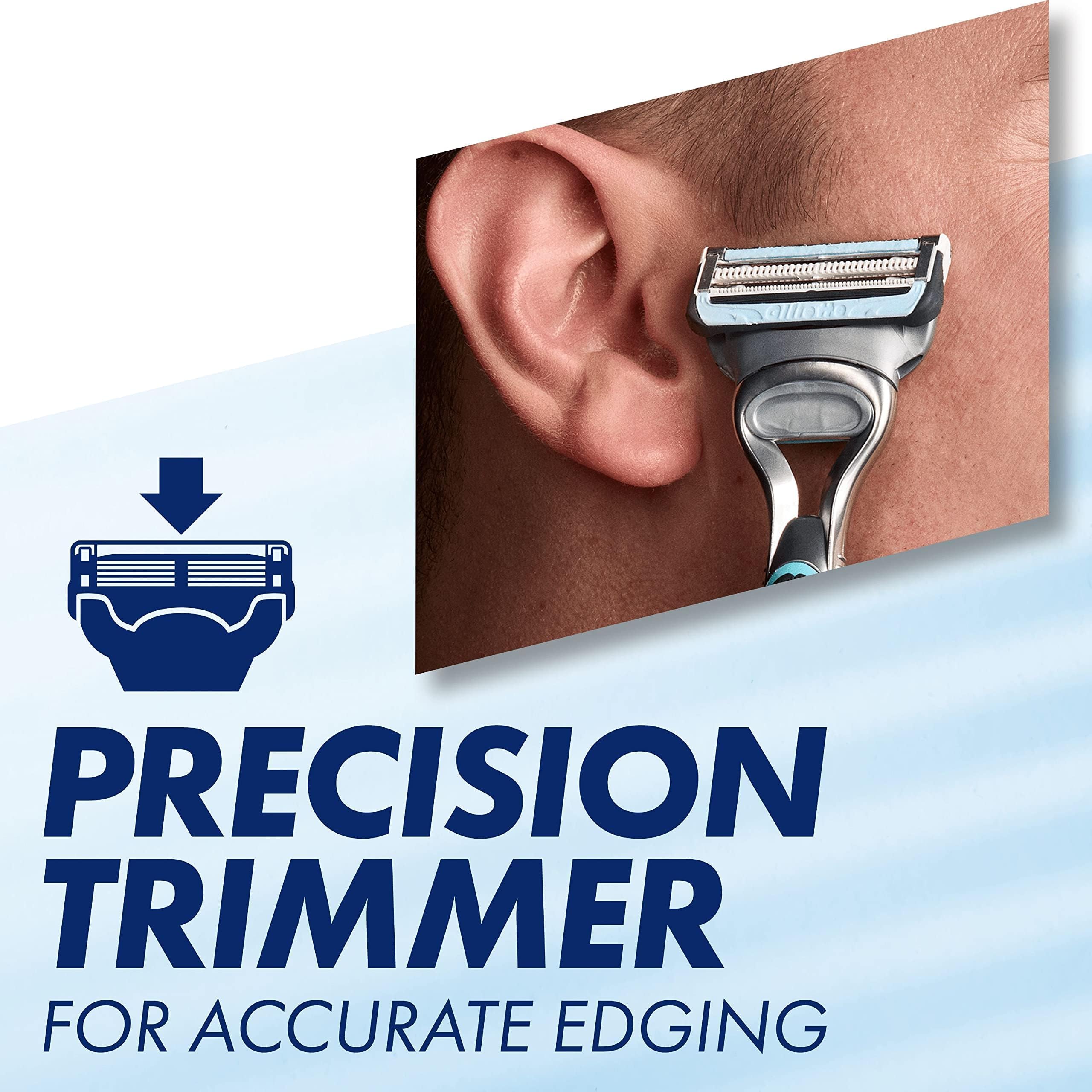Close up of man using Gillette SkinGuard Sensitive razor blades precision trimmer to edge near ear