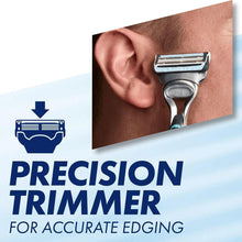 Razor with precision trimmer for accurate edging, shown shaving on skin