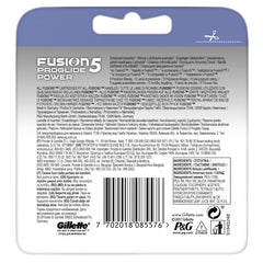 Back of Gillette Fusion5 ProGlide Power blade refill pack showing barcode and text Gillette Venus and Olay razor refills