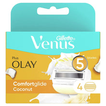 Gillette Venus Olay Comfortglide coconut front pack showing 5 blades, 4 count