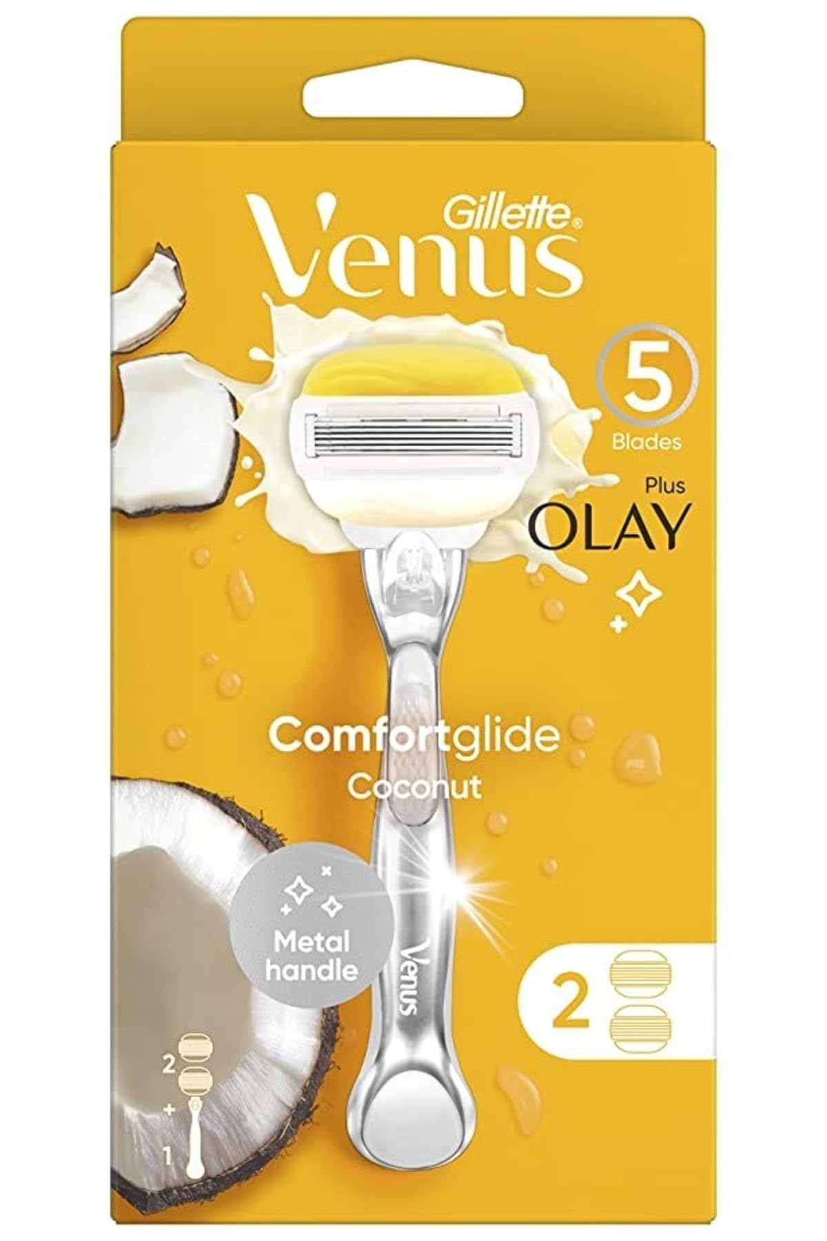 Gillette Venus Comfortglide razor for women coconut scent 5 blade metal handle packaged with two cartridges