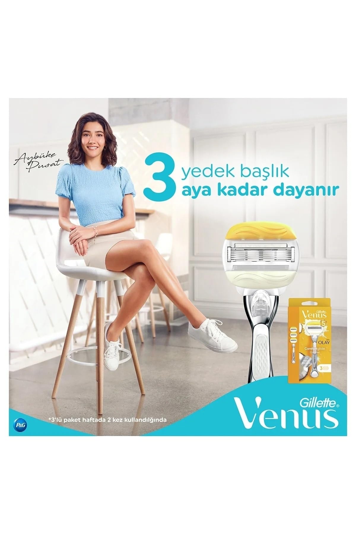 Gillette Venus Comfortglide razor for women with yellow razor cartridge and packaging beside smiling woman seated on stool