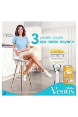 Gillette Venus Comfortglide razor for women with yellow razor cartridge and packaging beside smiling woman seated on stool