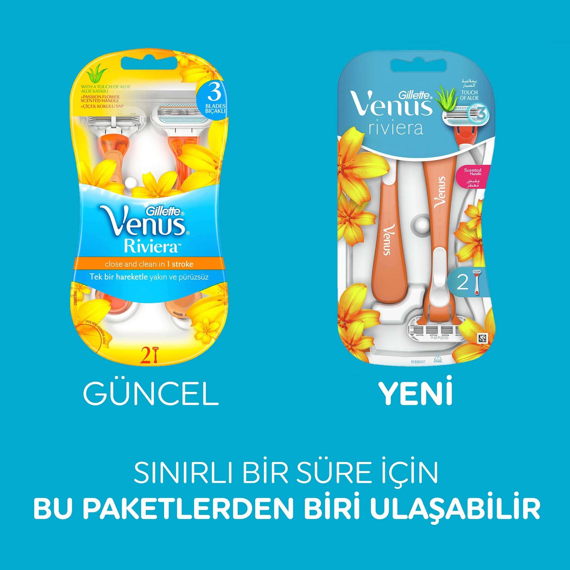 Gillette Venus disposable razor for women Riviera two pack old and new packaging with floral design