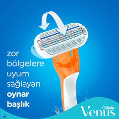 Close up orange and white Gillette Venus disposable razor for women with pivoting multi blade head and water droplets