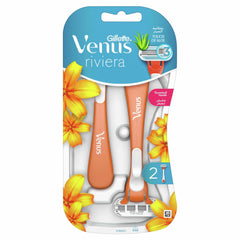 Gillette Venus disposable razor for women two pack with orange handles aloe touch and floral Riviera packaging