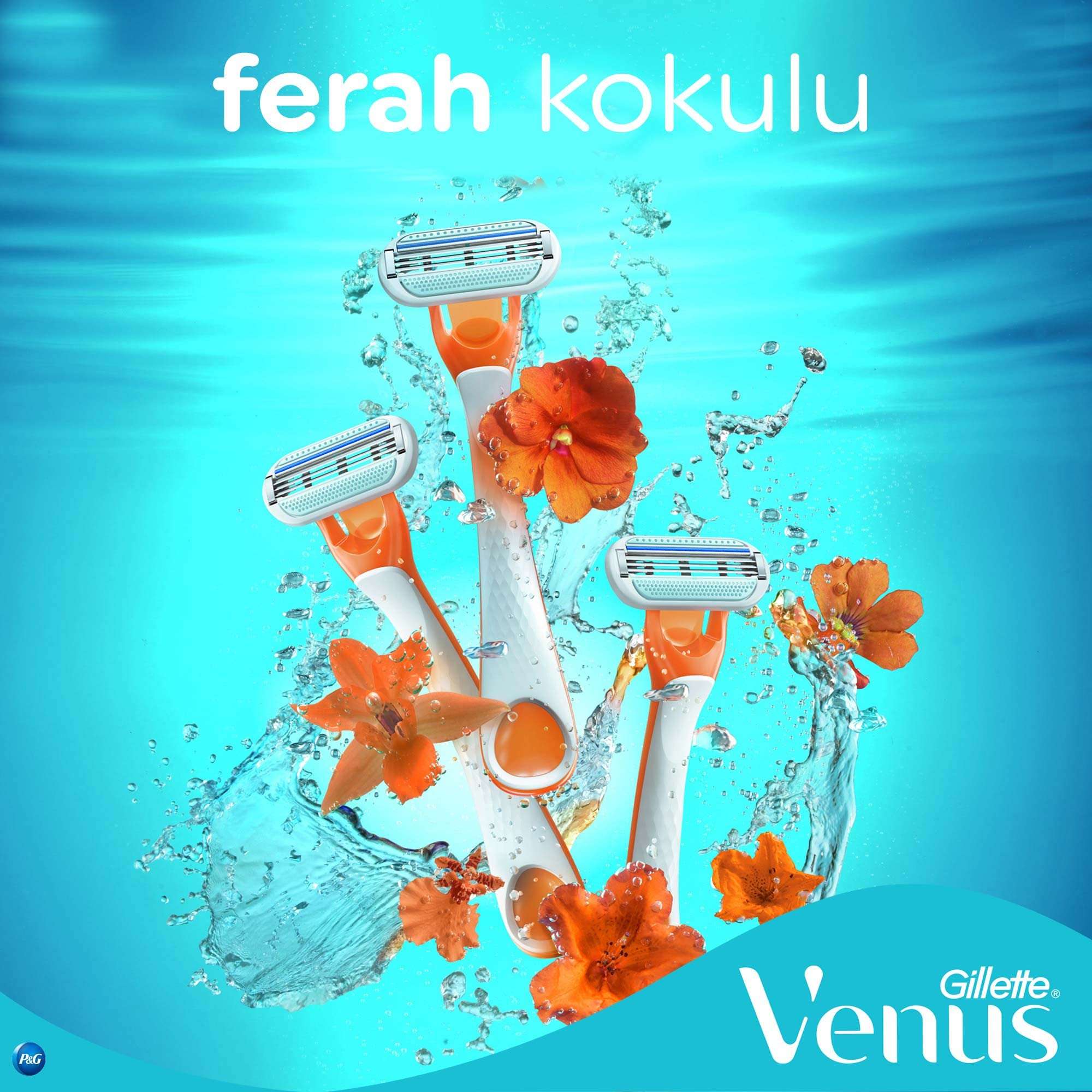 Gillette Venus disposable razor for women three orange and white razors with water splash and orange flowers