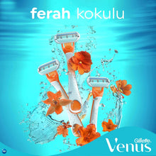 Women’s disposable razors with orange-and-white handles and 3-blade cartridges in splash
