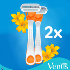 Pack of two orange and white Gillette Venus disposable razor for women with floral background