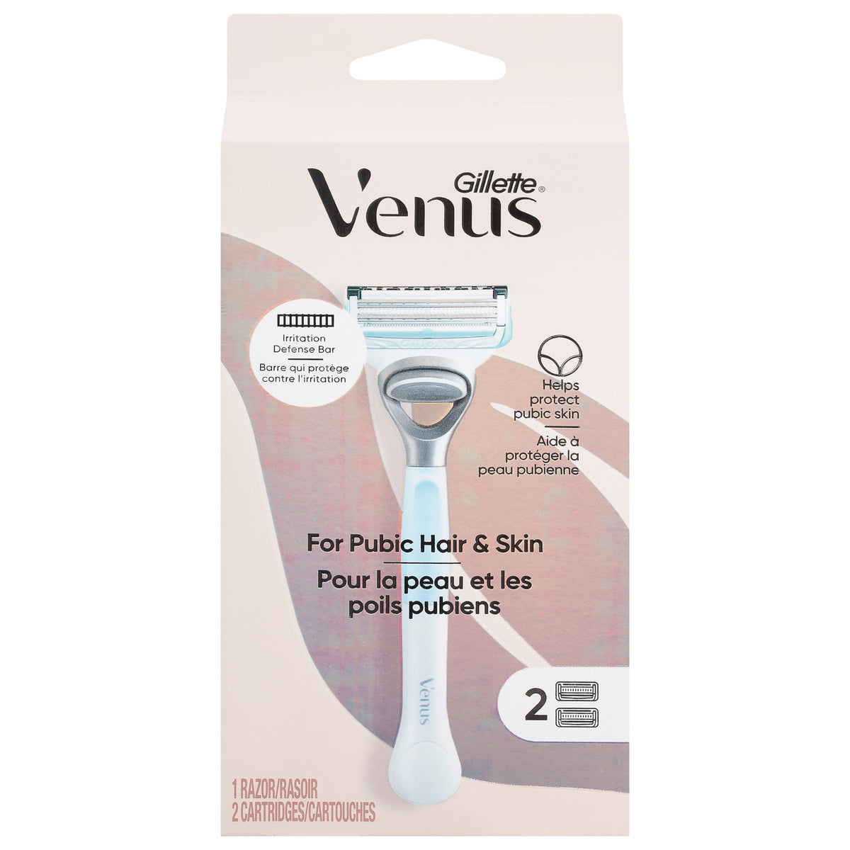 Gillette Venus intimate razor for women light blue handle pack showing razor and two replacement cartridges