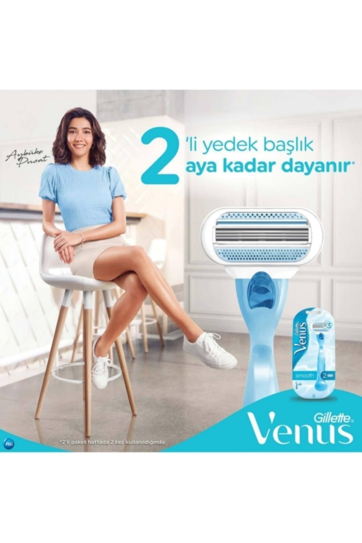 Gillette Venus Smooth Razor light blue close up of blade and cartridge pack with woman posing to show smooth legs