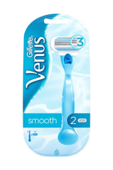 Gillette Venus Smooth Razor blue handle with three blade cartridge in clear blister pack showing two refills