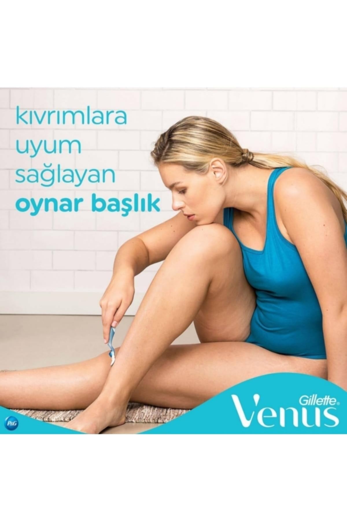Woman in teal swimsuit shaving her legs with Gillette Venus Smooth Razor showing pivoting head and ergonomic handle