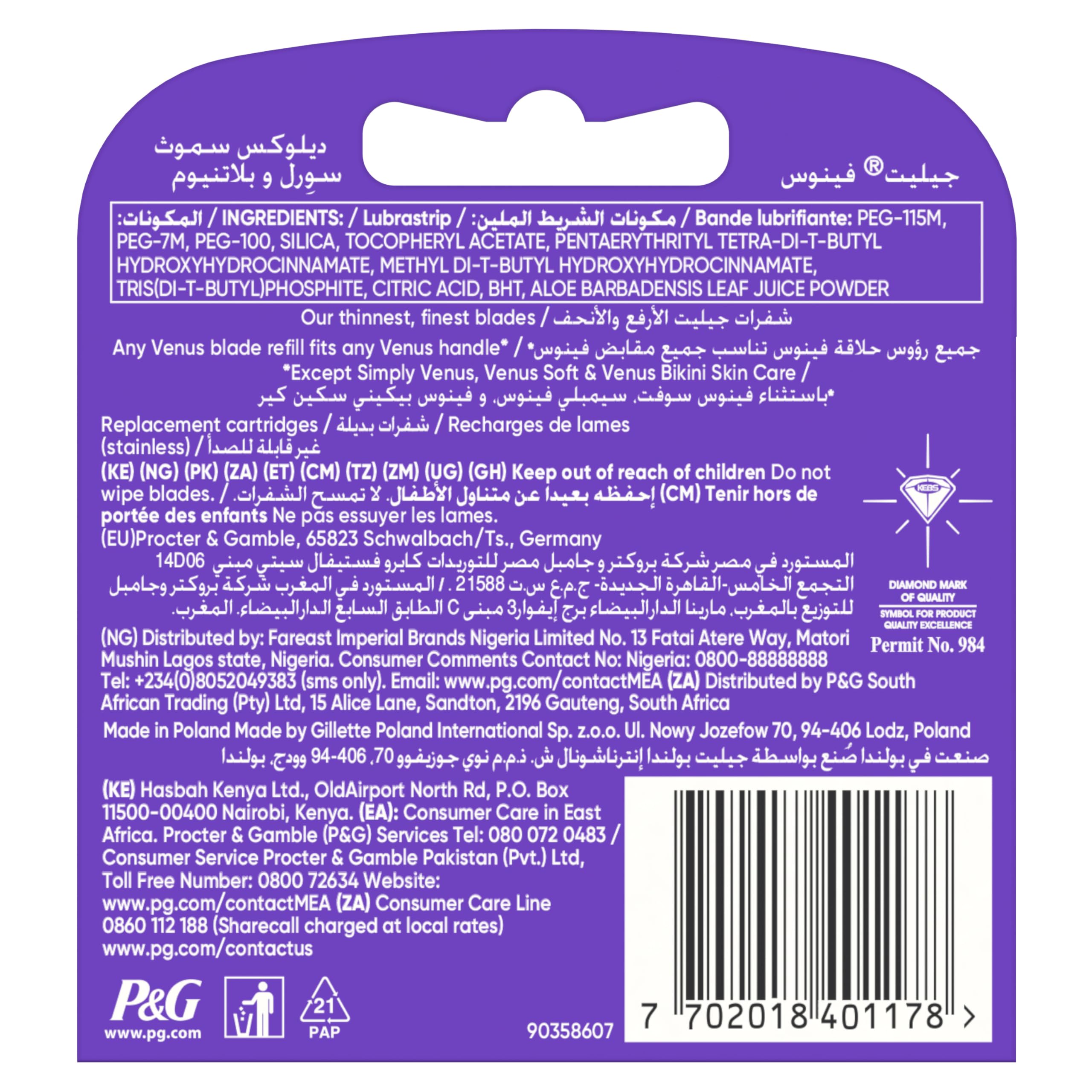 Purple back packaging label of Gillette Venus Swirl blade refills UAE showing ingredients list and barcode
