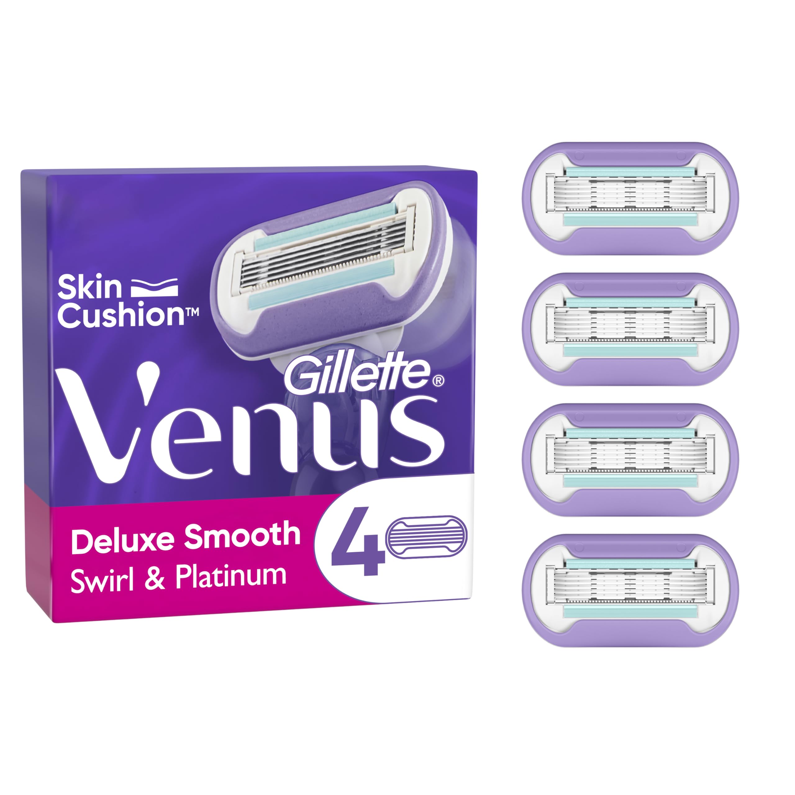 Gillette Venus Swirl blade refills UAE pack of 4 purple Skin Cushion deluxe smooth replacement cartridges