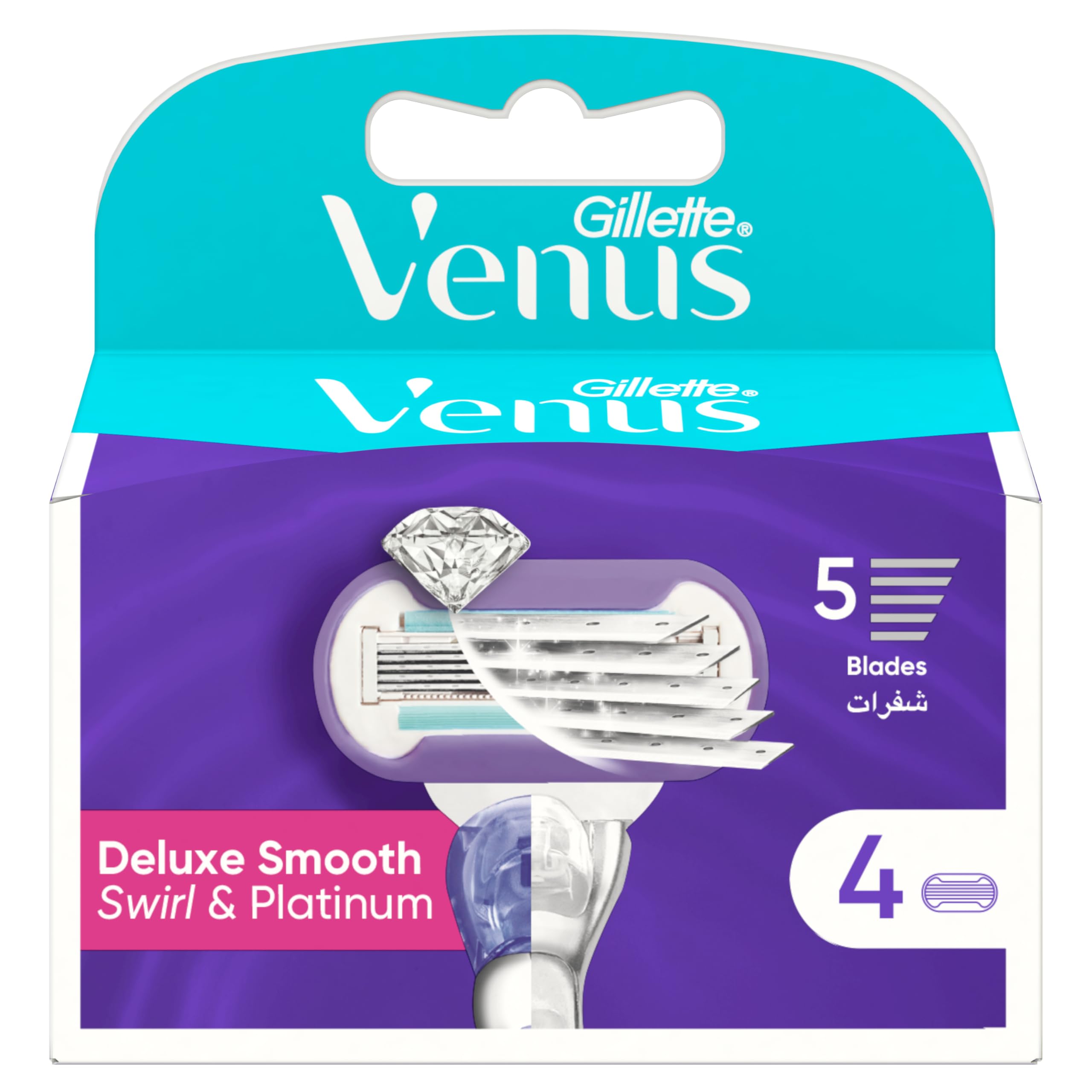 Pack of Gillette Venus Swirl blade refills UAE showing Deluxe Smooth Swirl and Platinum 5 blade cartridges