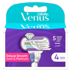 Pack of Gillette Venus Swirl blade refills UAE showing Deluxe Smooth Swirl and Platinum 5 blade cartridges