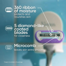 Razor blade refill cartridge with visible blades and moisture strip on a purple handle