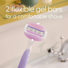 Venus razor handle with blade cartridge and purple gel bars, side view