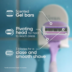 Close up of purple Venus razor head showing three blades pivoting head and scented gel bars Venus razor blade refills for women.