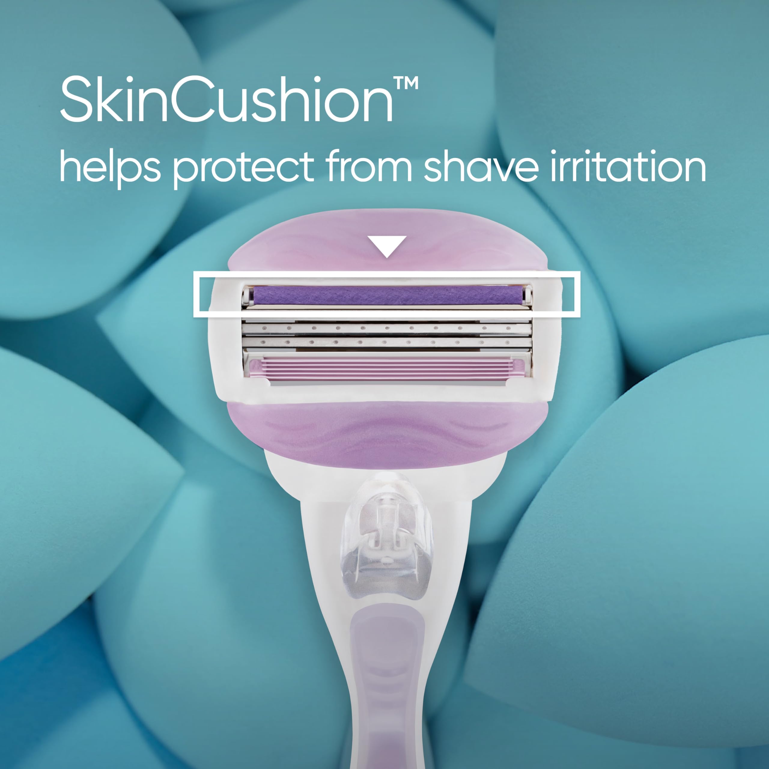 Purple and white Venus razor head with SkinCushion blades protects from shave irritation Venus razor blade refills for women