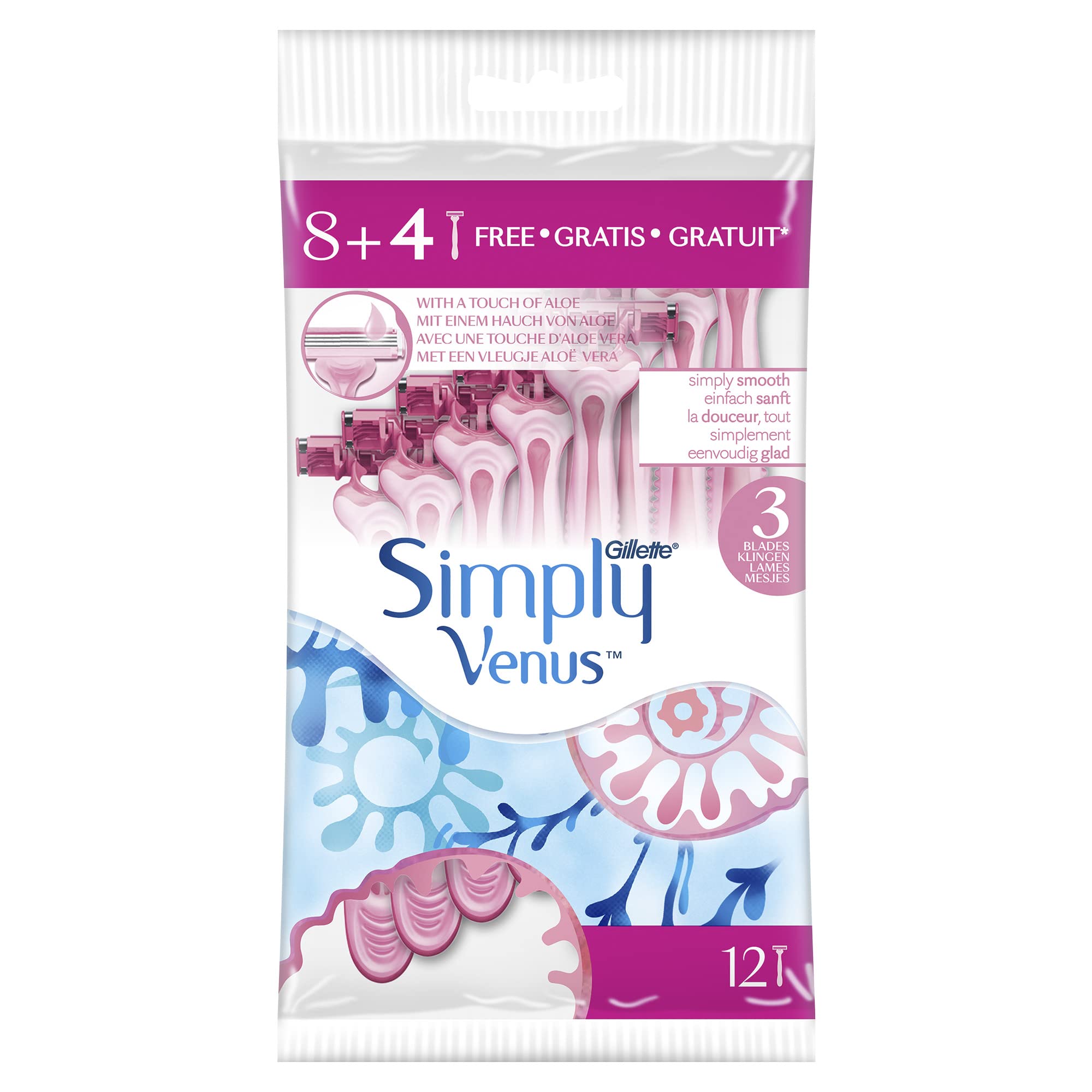 Venus Simply 3 women's disposable razor pack of 12 pink razors with aloe strip and three flexible blades