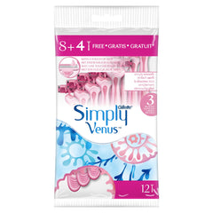 Venus Simply 3 women's disposable razor pack of 12 pink razors with aloe strip and three flexible blades