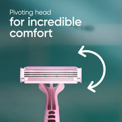 Pink Venus Simply 3 women's disposable razor showing closeup pivoting head and triple blades for comfort