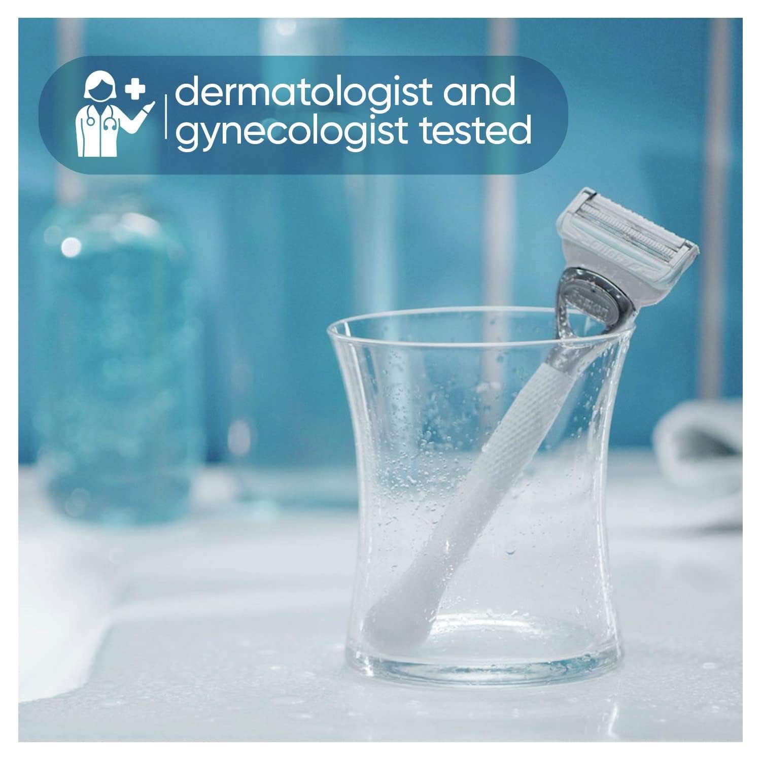 Gillette Venus white razor in glass cup with dermatologist and gynecologist tested label women's bikini razor blades