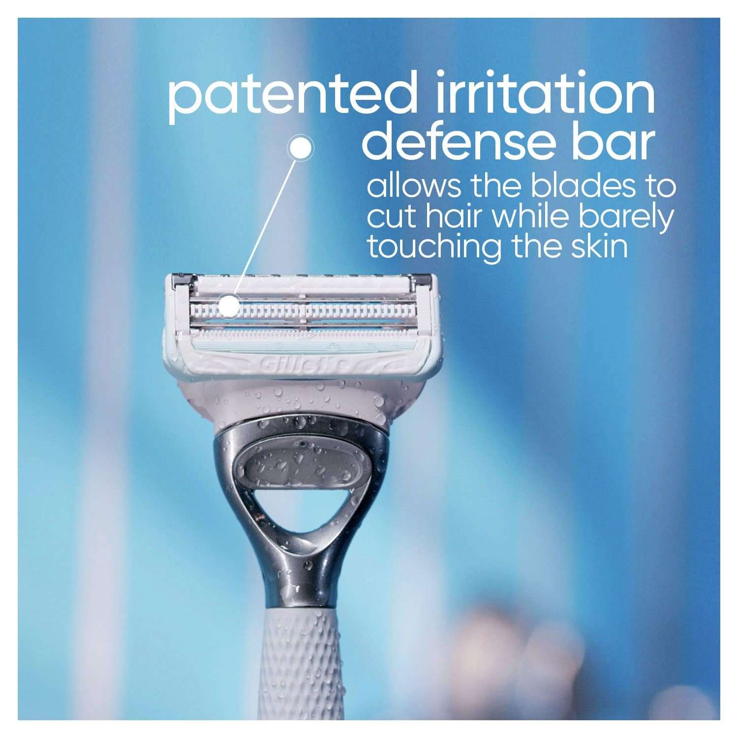 Gillette Venus razor head with water droplets and patented irritation defense bar for women's bikini razor blades