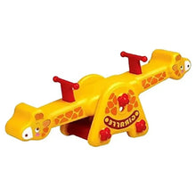 Yellow plastic giraffe rocking seesaw toy with red handles and giraffe face end