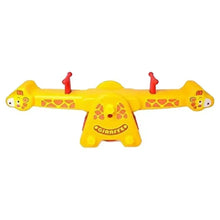 Yellow giraffe seesaw rocker toy with four red pegs and two end faces