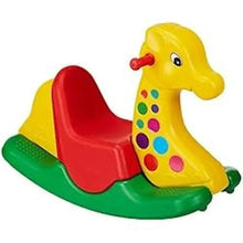 Yellow giraffe rocking chair with red seat, green base, painted spots and handle