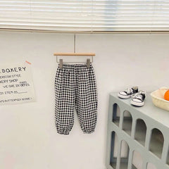 Mumzar girls plaid summer pants in black and white with a relaxed fit, perfect for warm weather
